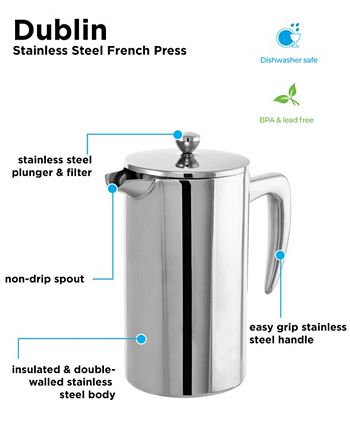 Grosche Dublin Stainless Steel Double Wall Insulated French Press, 34 Fl  Oz. Capacity : Target