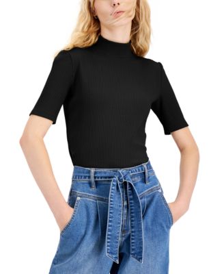 Elbow-Sleeve Mock-Neck Solid Knit Top 