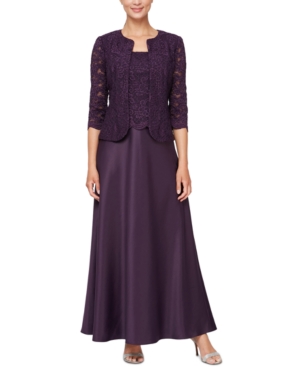 Alex Evenings Embroidered Lace Mock Two-piece Gown With Jacket In Purple