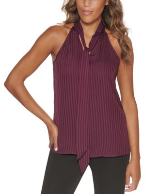 Calvin Klein - Sleeveless X-Fit Striped Tie-Neck Halter Top