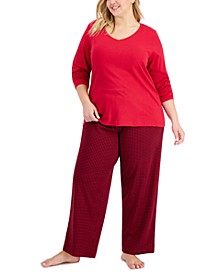 Plus Size Long-Sleeve Top & Printed Pants Cotton Pajama Set, Created for Macy's
