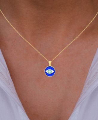 Cubic Zirconia & Enamel Evil Eye Disc Pendant Necklace in 14k Gold-Plated Sterling Silver, 16" + 2" extender