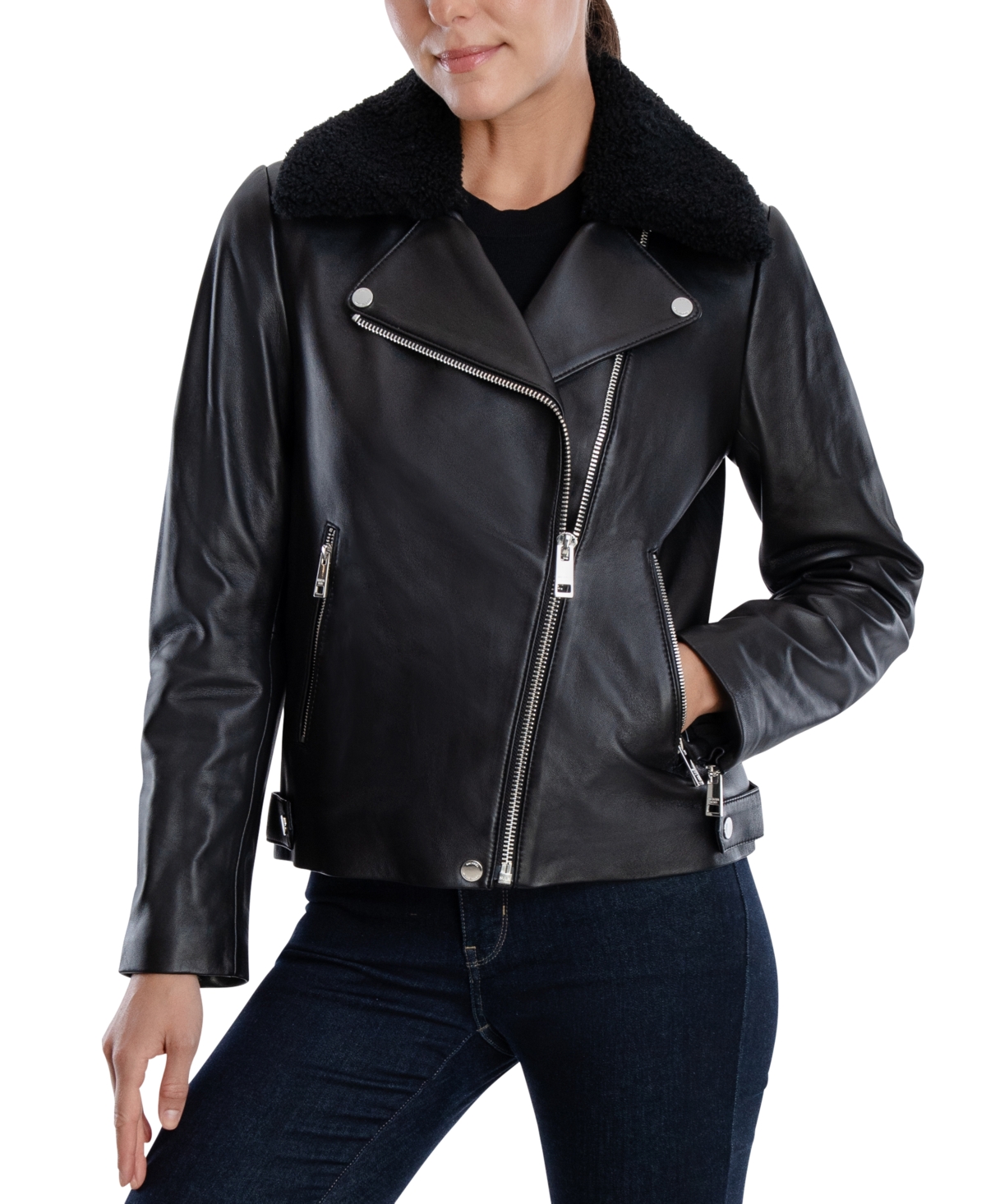Michael Kors Michael  Asymmetrical Faux-sherpa-collar Leather Coat In Black
