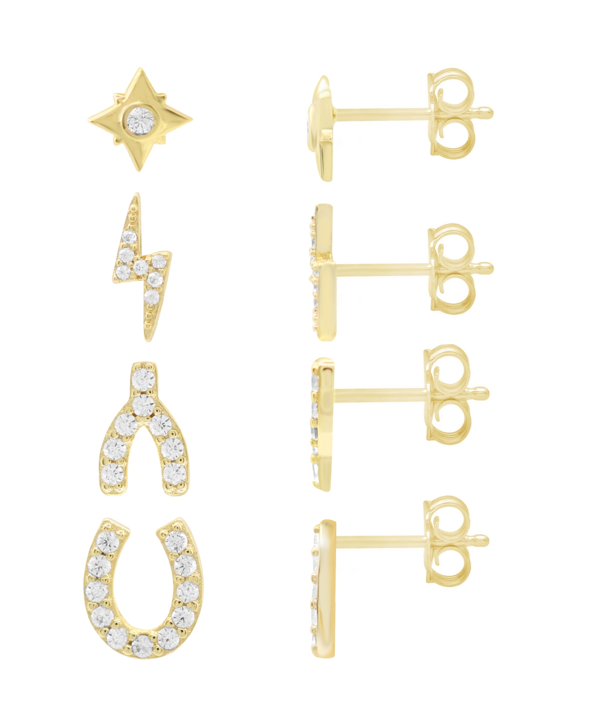 High Polished and Cubic Zirconia Multi Motif Mix Match 4 Stud Earring Set, Gold Plate - Gold-Tone