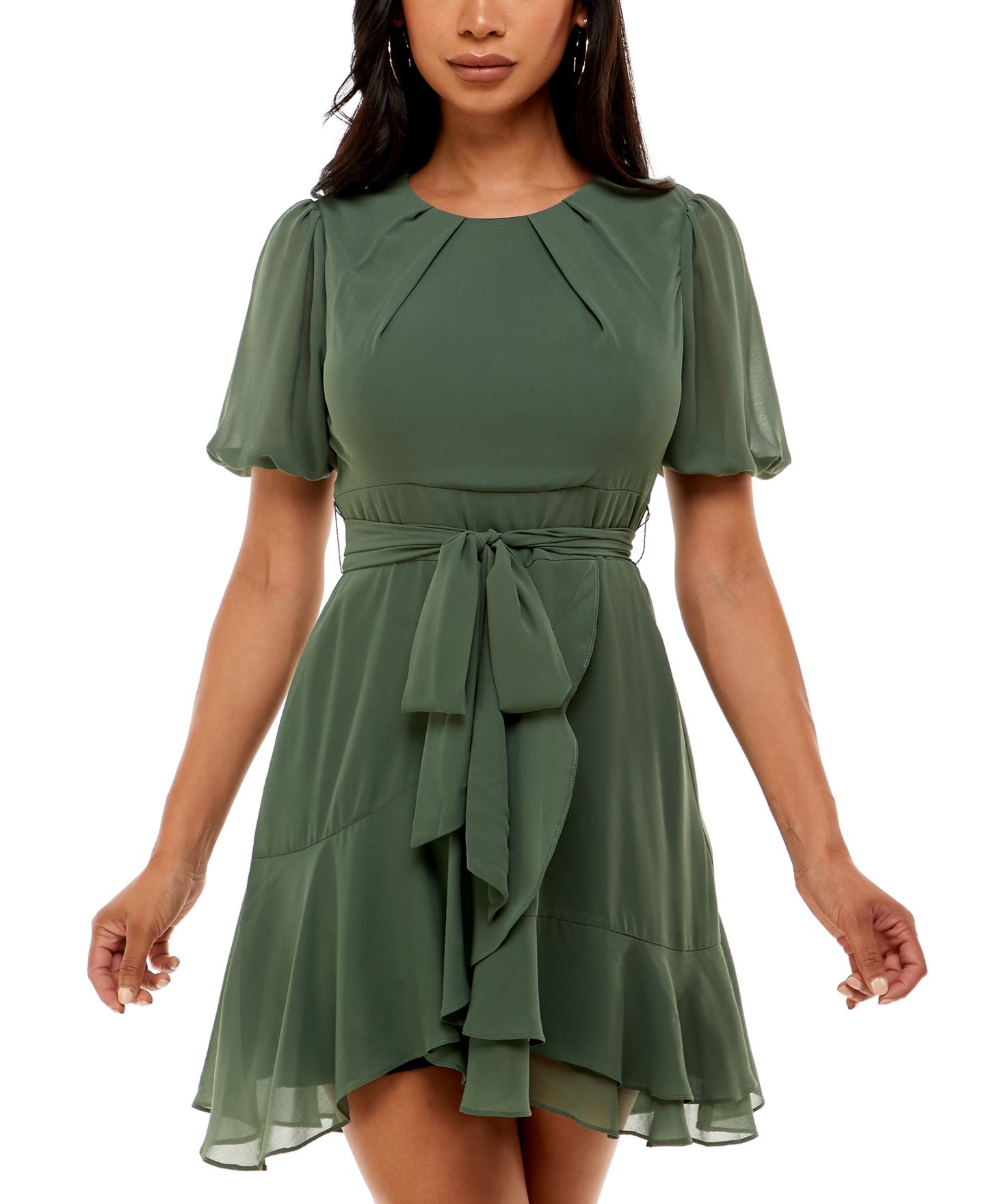 Женское платье B Darlin Juniors' Puff-Sleeve A-Line, цвет: Оливковый — фото 1