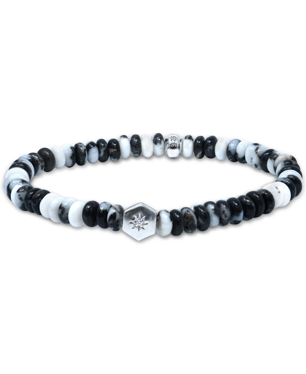 Black & White Agate Rondelle & White Topaz Accent Stretch Bracelet in Sterling Silver - Black
