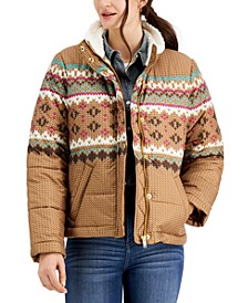 Printed Faux-Sherpa-Trim Puffer Jacket, Created for Macy's
