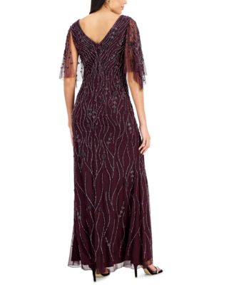 J Kara Beaded V-Neck Flutter-Sleeve Gown