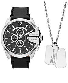 Men's Mega Chief Chronograph Black Leather Watch And Necklace Set 51mm