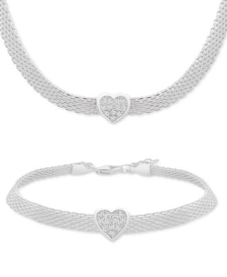 Macy's Cubic Zirconia Heart Mesh Link Bracelet in Sterling Silver