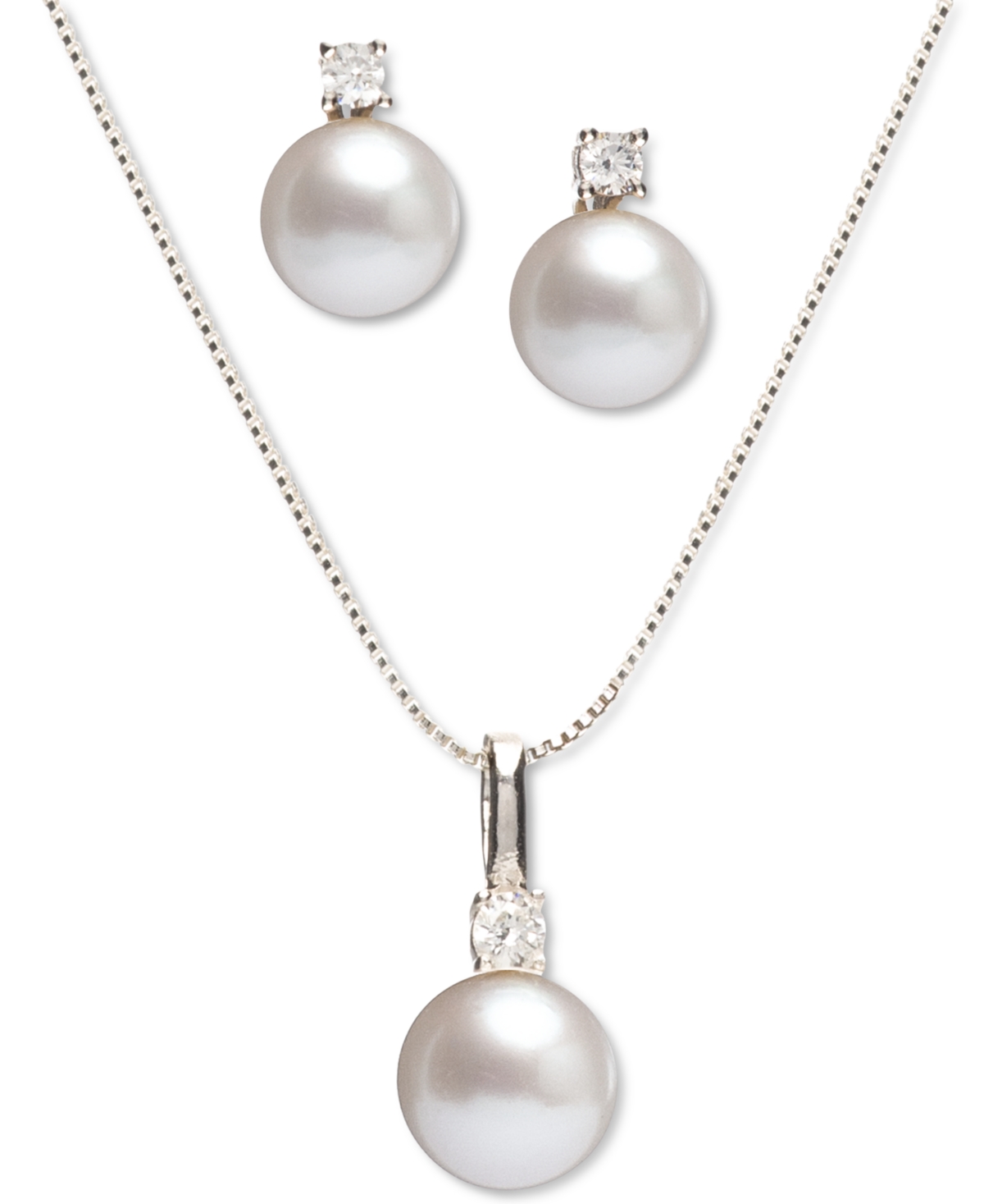 Macy's 2-pc. Set Cultured Freshwater Pearl (7-1/2 & 8-1/2mm) & Cubic Zirconia Pendant Necklace & Matching S In Sterling Silver