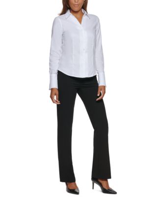 売れ筋商品|||カルバンクライン カットソー トップス レディース Women's Collared Button-Front Cotton Shirt White Calvin Klein Womens Poplin Long Sleeve Button Down Blouse