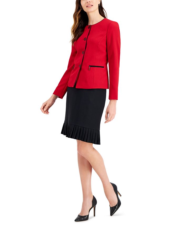 Le Suit Collarless Zip-Pocket Jacket & Pleated Skirt, Regular & Petite ...