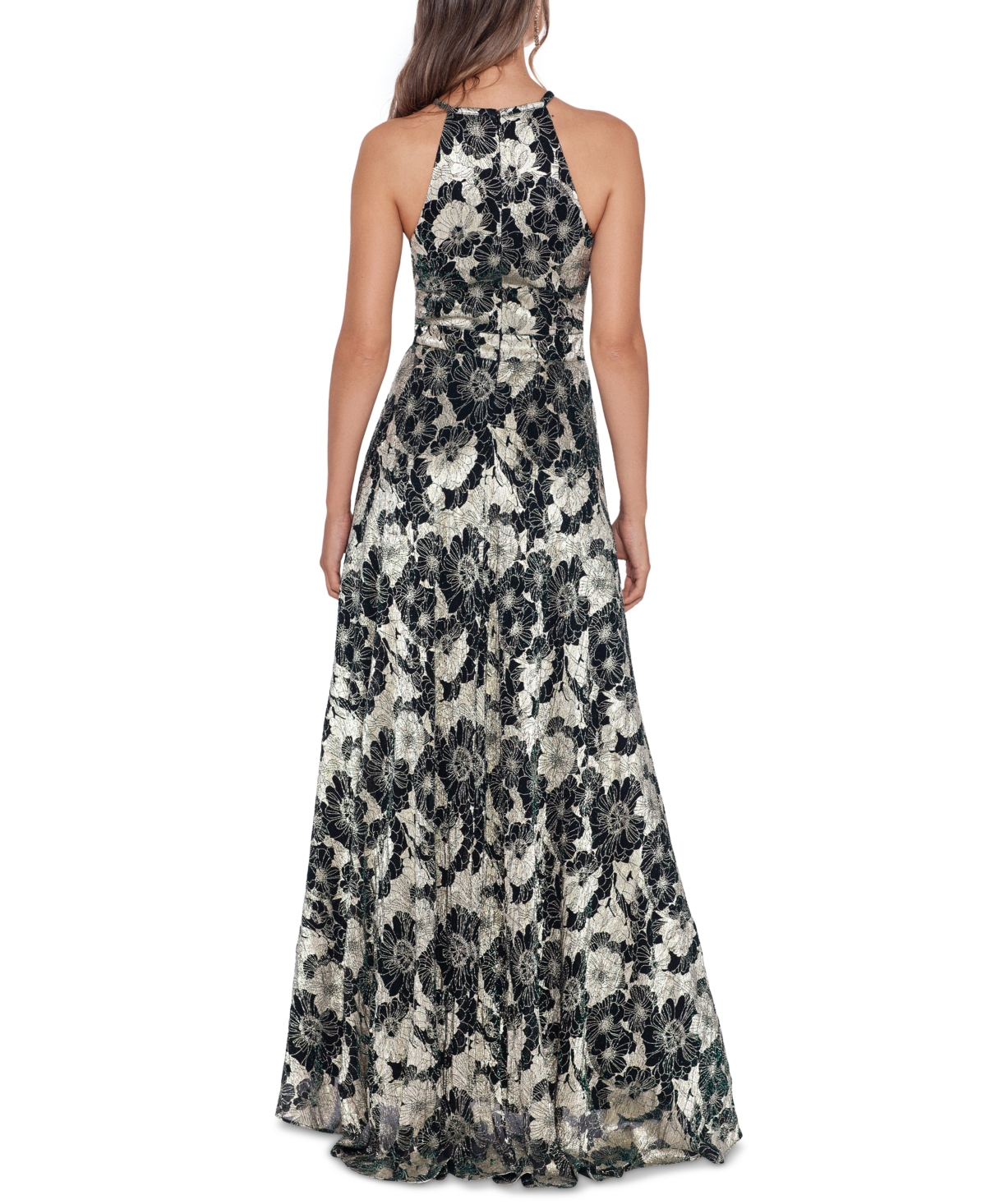 Betsy & Adam Petite Floral Halter-Neck Gown -Gold