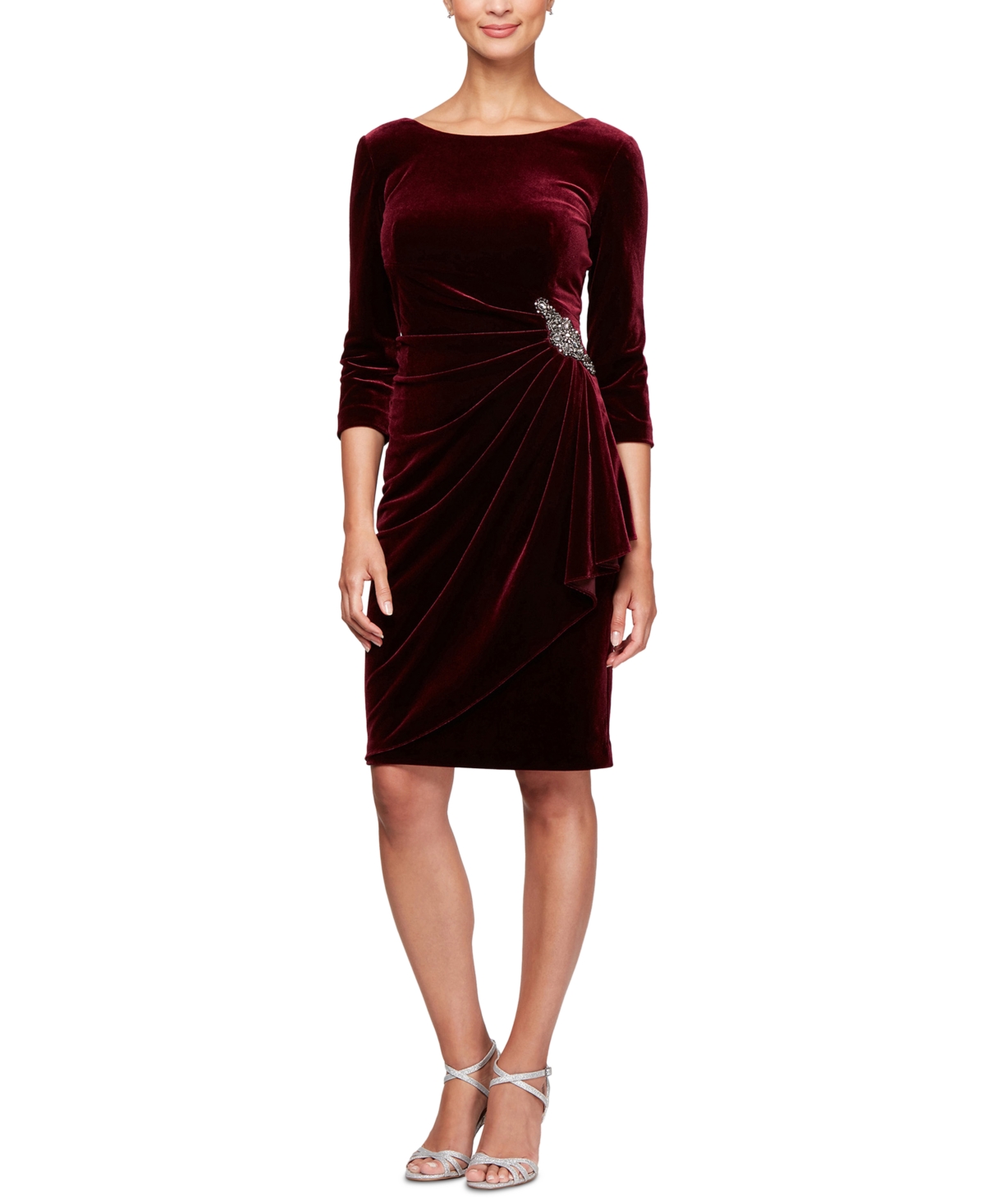 Shop Alex Evenings Women's Embellished-waist Velvet Dress In Wine