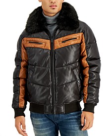 Men's Faux-Leather Quilted Colorblocked Puffer Jacket with Removable Faux-Fur Collar