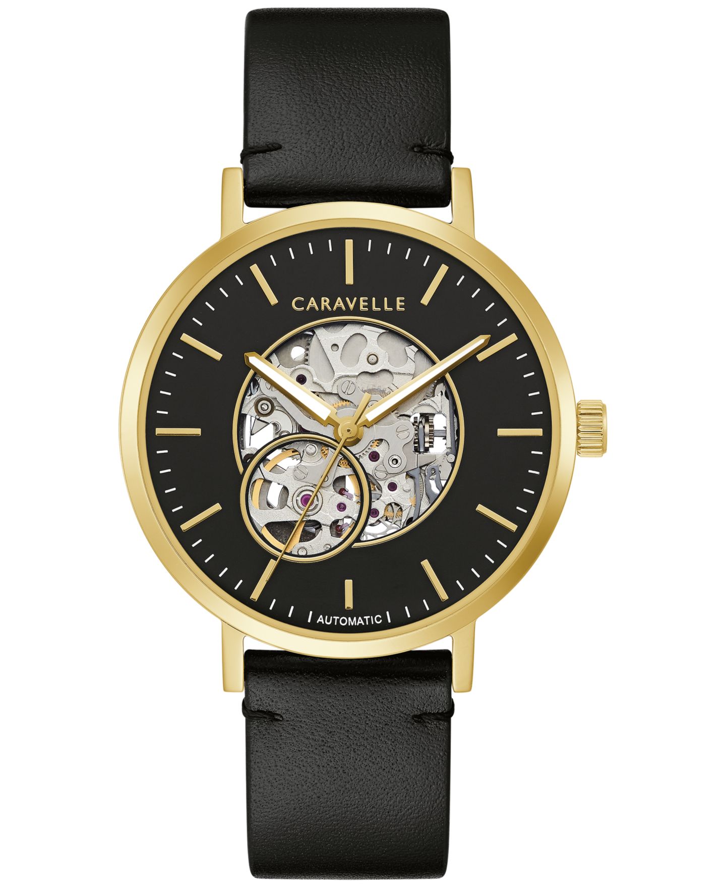 Мужские часы Caravelle Automatic Black Leather Strap Watch 39.5mm — фото 1