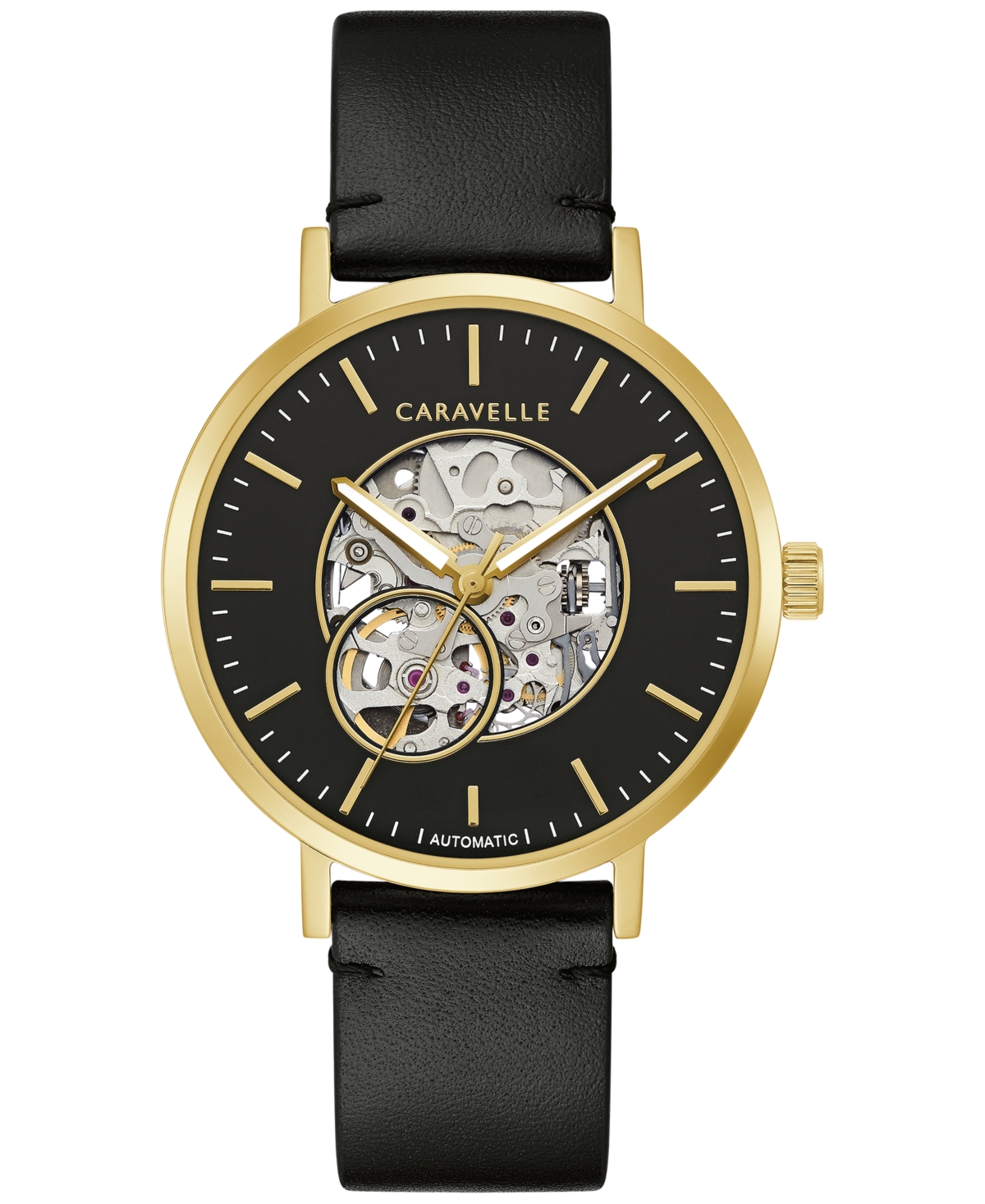 Designed by Bulova Men's Automatic Black Leather Strap Watch 39.5mm - Black
