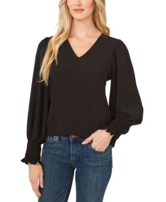 CeCe - Solid Smocked-Cuff V-Neck Charmeuse Blouse