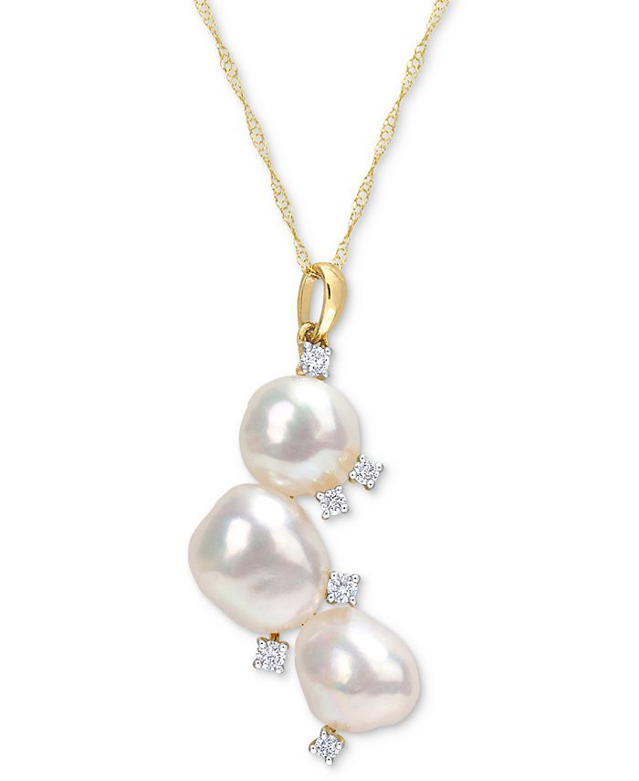 Macy's - Cultured Freshwater Baroque Pearl (8-9-1/2mm) & Diamond (1/6 ct. t.w.) Cluster 17" Pendant Necklace in 14k Gold