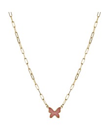 Gold Flash Plated Rose Quartz Butterfly Necklace, 16+2" Extender
