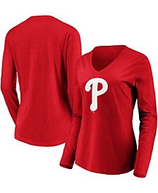 Women's Red Philadelphia Phillies Official Logo Long Sleeve V-Neck T-shirt