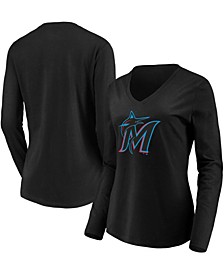 Women's Black Miami Marlins Official Logo Long Sleeve V-Neck T-shirt