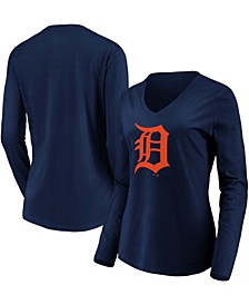 Women's Navy Detroit Tigers Official Logo Long Sleeve V-Neck T-shirt