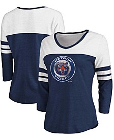 Women's Heathered Navy, White Detroit Tigers Two-Toned Distressed Cooperstown Collection Tri-Blend 3/4 Sleeve V-Neck T-shirt