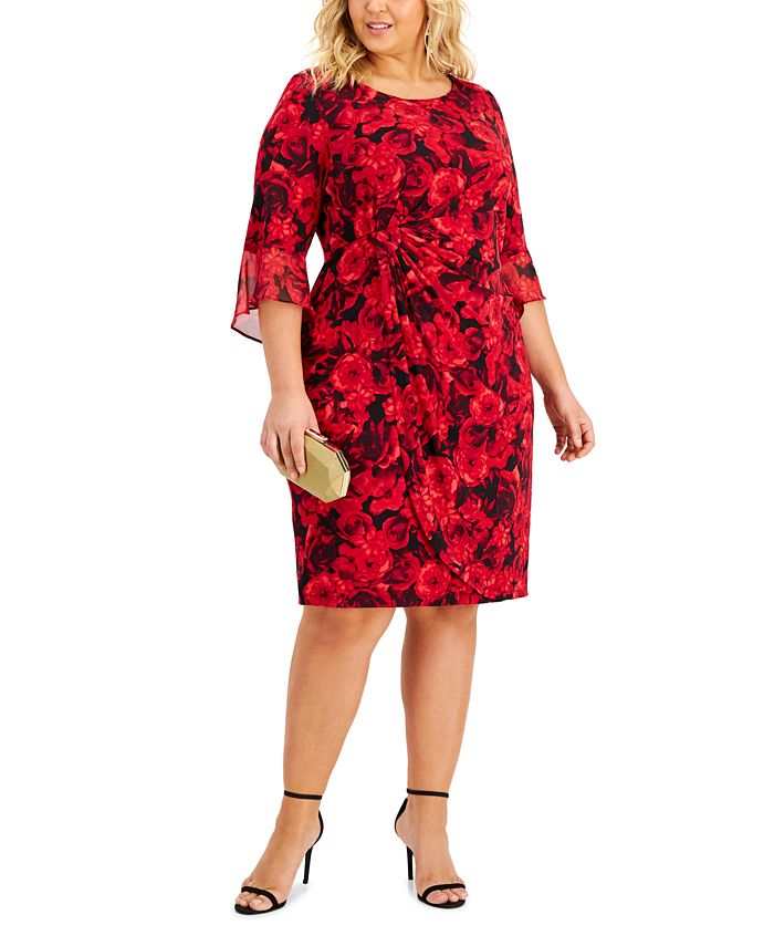 Connected Plus Size Floral-Print Side-Tab Bell-Sleeve Dress - Macy's
