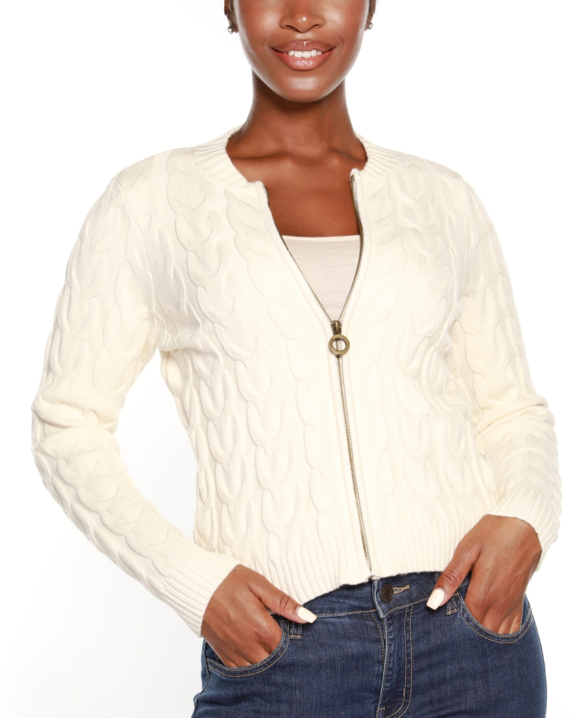 Belldini Women's Black Label Zip Cable Sweater