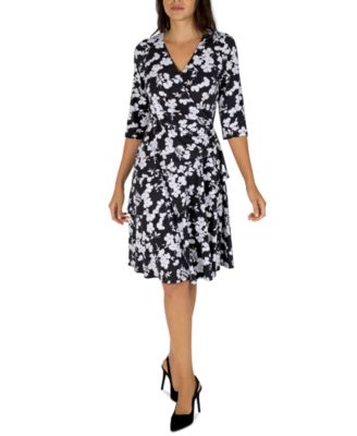 Robbie Bee Petite Floral-Print 3/4-Sleeve Ruffled Faux-Wrap Dress - Macy's