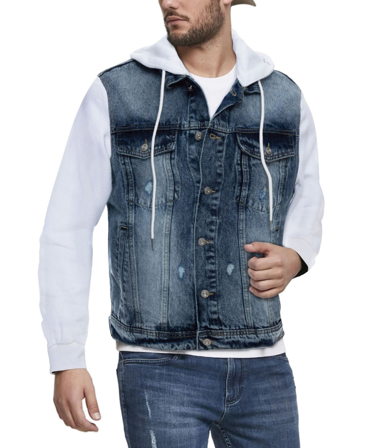 Men's Hooded Sweatshirt Denim Jacket - Medium Wash