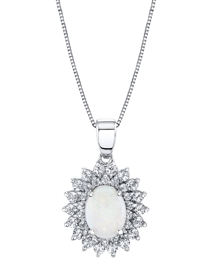 Macy's - Opal (1-1/20 ct. t.w.) & White Topaz (1-1/4 ct. t.w.) Oval Halo 18" Pendant Necklace in Sterling Silver