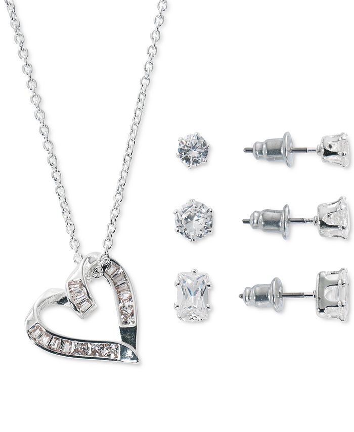 Macy s Cubic Zirconia Looped Heart Pendant Necklace 3 Pc. Stud