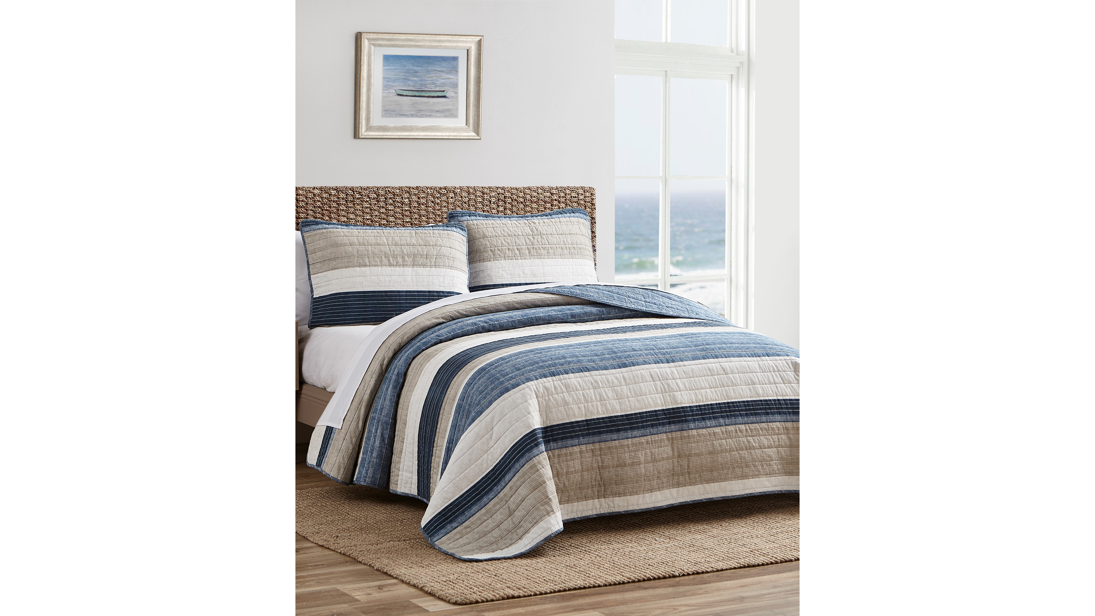 Nautica Ridgeport Blue Cotton Reversible 3 Piece Quilt Set, King