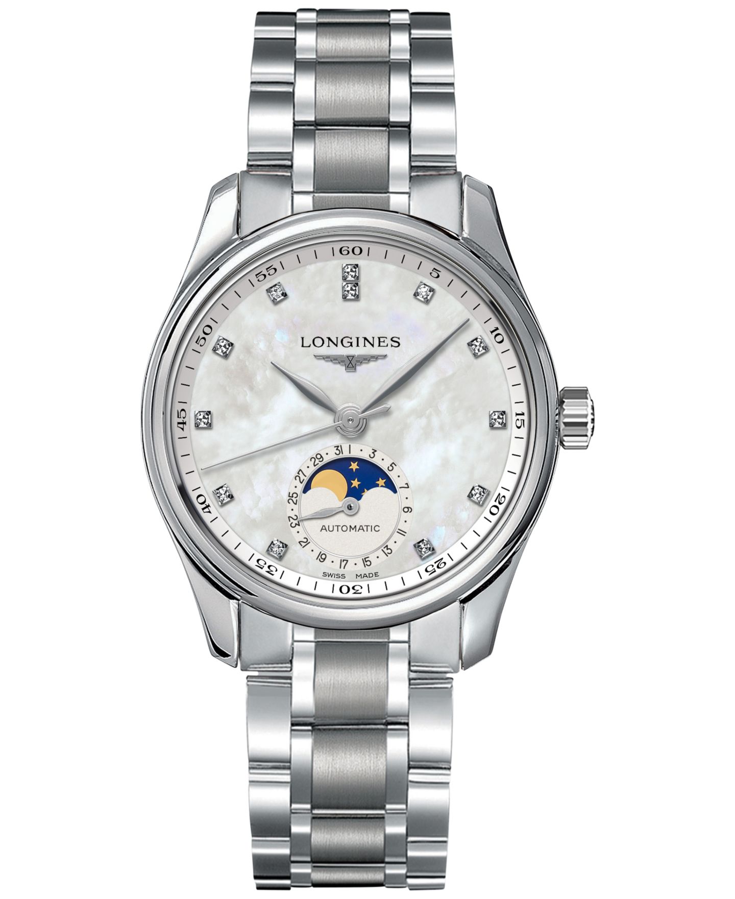 Женские часы Longines Swiss Automatic Master Moonphase Diamond (1/20 ct. t.w.) Stainless Steel Bracelet Watch 34mm — фото 1