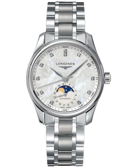Женские часы Longines Swiss Automatic Master Moonphase Diamond (1/20 ct. t.w.) Stainless Steel Bracelet Watch 34mm