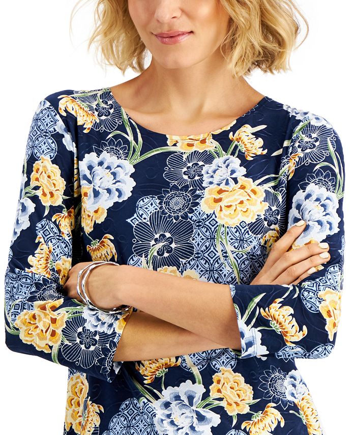 Jm Collection Womens Floral Scoop Neck Top Gold Size X Small main image 1