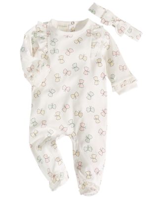 First Impressions - Baby Girls Cotton Butterfly-Print Ruffled Footie & Headband Set