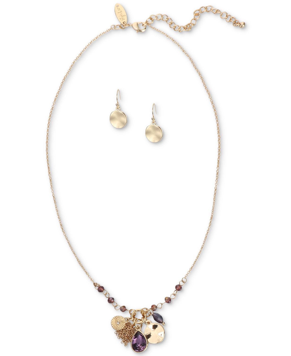 Gold-Tone Purple Charm Necklace and Earrings Set