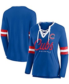 Women's Royal Chicago Cubs Team Script Long Sleeve Lace-Up Notch Neck T-shirt