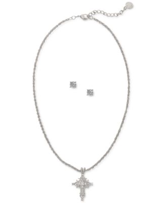 Charter Club - Crystal Cross Pendant Necklace & Stud Earrings Set