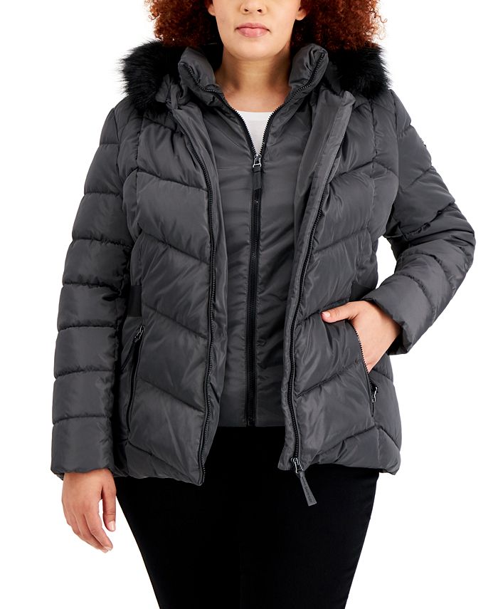 Calvin Klein Plus Size FauxFur Trim Hooded Puffer Coat, Created for