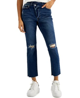 Tinseltown - Juniors' Ripped Asymmetrical Straight-Leg Jeans
