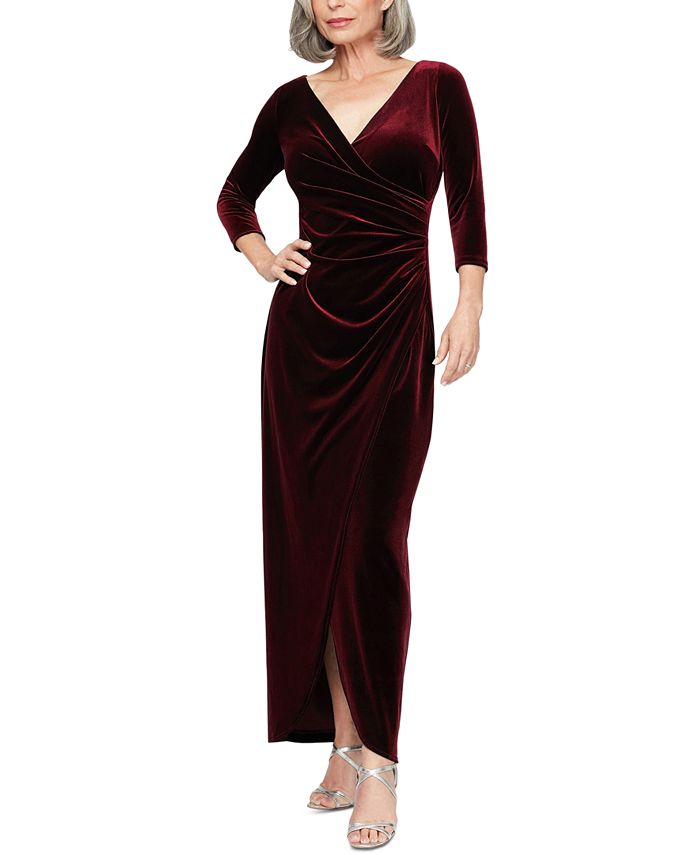 Alex Evenings Women's Velvet Ruched 3/4-Sleeve Gown - Macy's