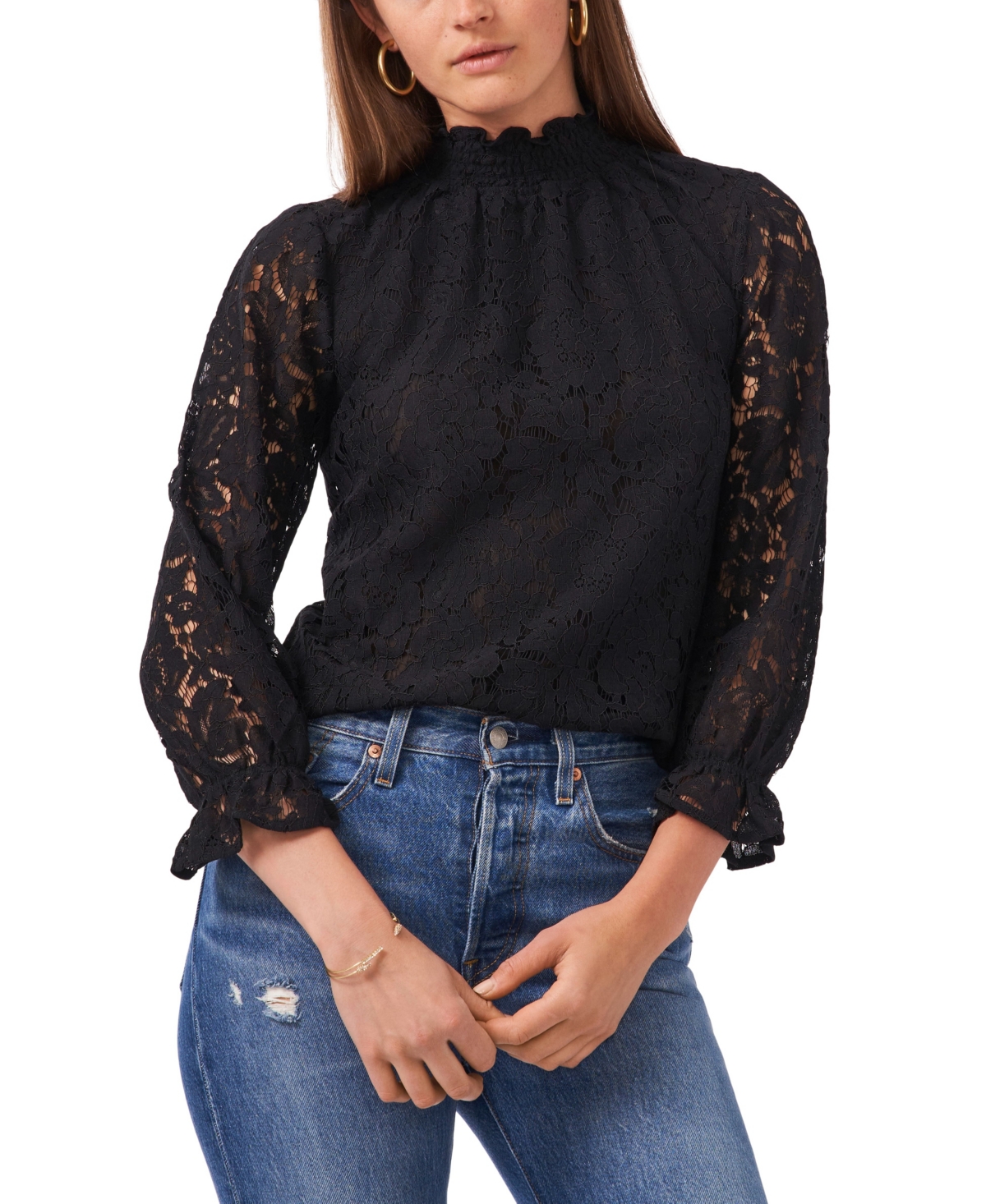  1.state Women's Long Sleeve Smocked Neck Lace Blouse