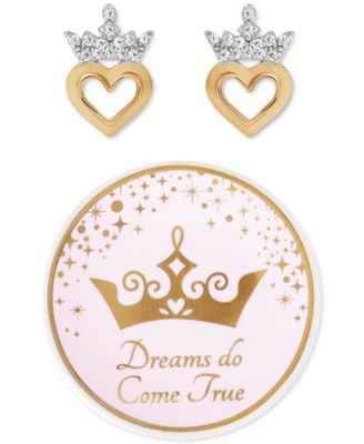 Princess Tiara Heart Crystal Stud Earrings in Sterling Silver & 18k Gold-Plate with Bonus Trinket Dish