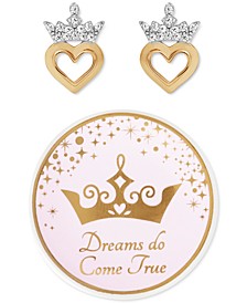 Princess Tiara Heart Crystal Stud Earrings in Sterling Silver & 18k Gold-Plate with Bonus Trinket Dish