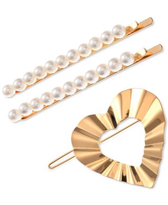 Photo 1 of INC International Concepts 3-Pc. Gold-Tone Imitation Pearl & Crinkle Heart Bobby Pin Set, Created for Macy's
